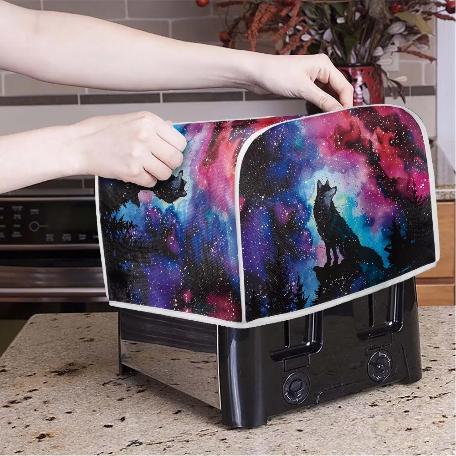 Galaxy Wolf Forest Print 4-Slice Toaster Cover & Bread Maker Cover - Kitchen Appliance Dust Protector for Oven, Microwave & Bread Machine - Fingerprint Protection - Perfect for Home & Cafe Use