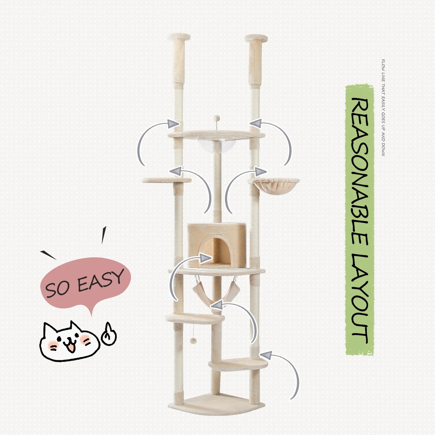 Adjustable Floor to Ceiling Cat Tree with Scratching Posts & Perches - Beige Cat Condo Bed for Indoor Cats - Perfect for Small Spaces & Apartments