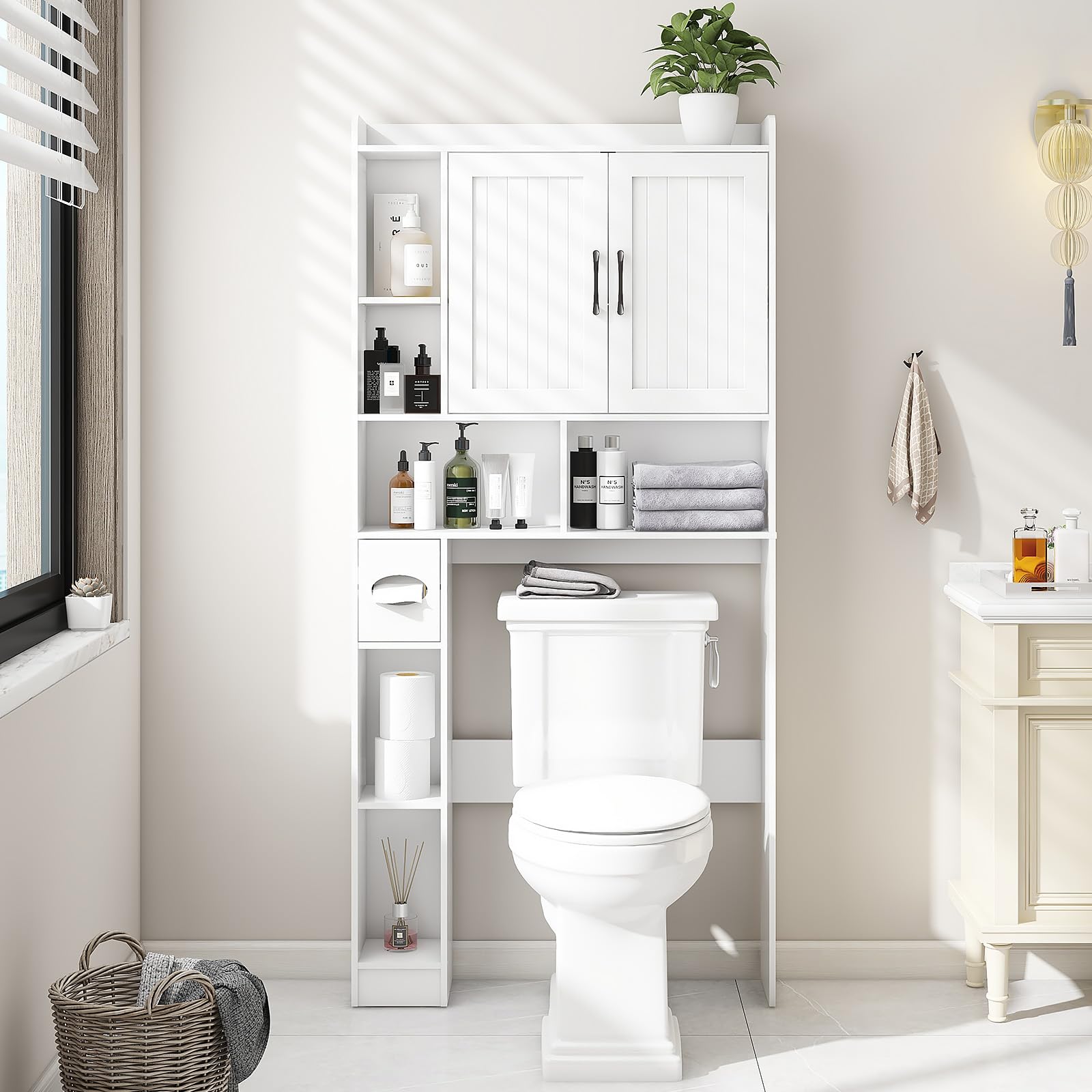 Farmhouse Over The Toilet Storage Cabinet with Barn Door - Space-Saving Bathroom Organizer for Towels, Toiletries & Laundry Supplies - Perfect for Small Bathrooms, Restrooms & Apartment Living