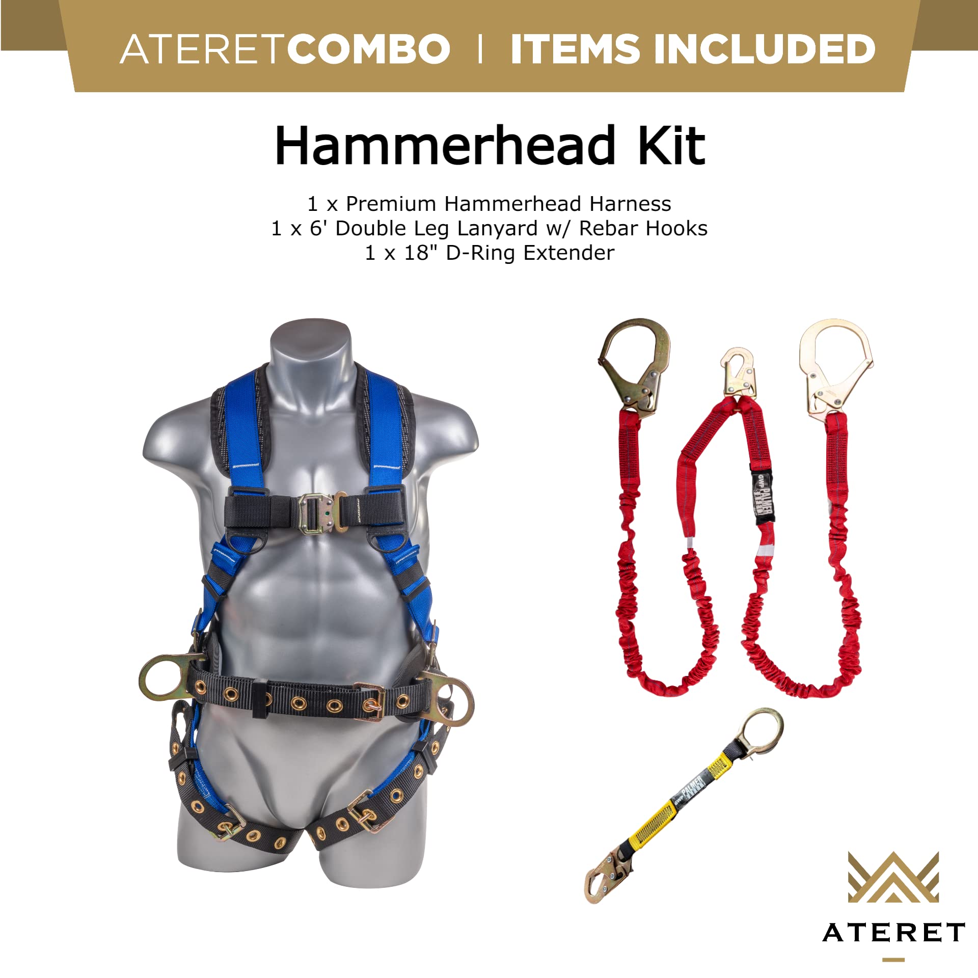 Palmer Safety Fall Protection Hammerhead Kit - 5 Point Safety Harness, 6ft Double Leg Lanyard, 18in D-Ring Extender (Blue, Medium) | OSHA Compliant Construction & Roofing Safety Gear for Workers