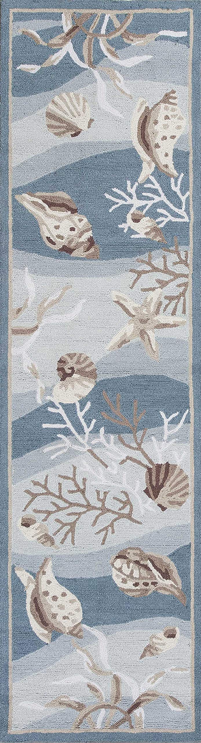 HomeRoots 8' Seafoam Green Hand-Hooked Seashells Indoor Runner Rug - Soft Coastal Decor for Living Room, Bedroom & Beach House Style