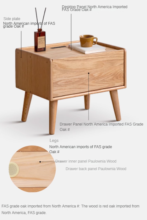 Solid Oak Wood Nightstand with Built-in USB Outlet - Perfect for Bedroom, Living Room, or Office Use