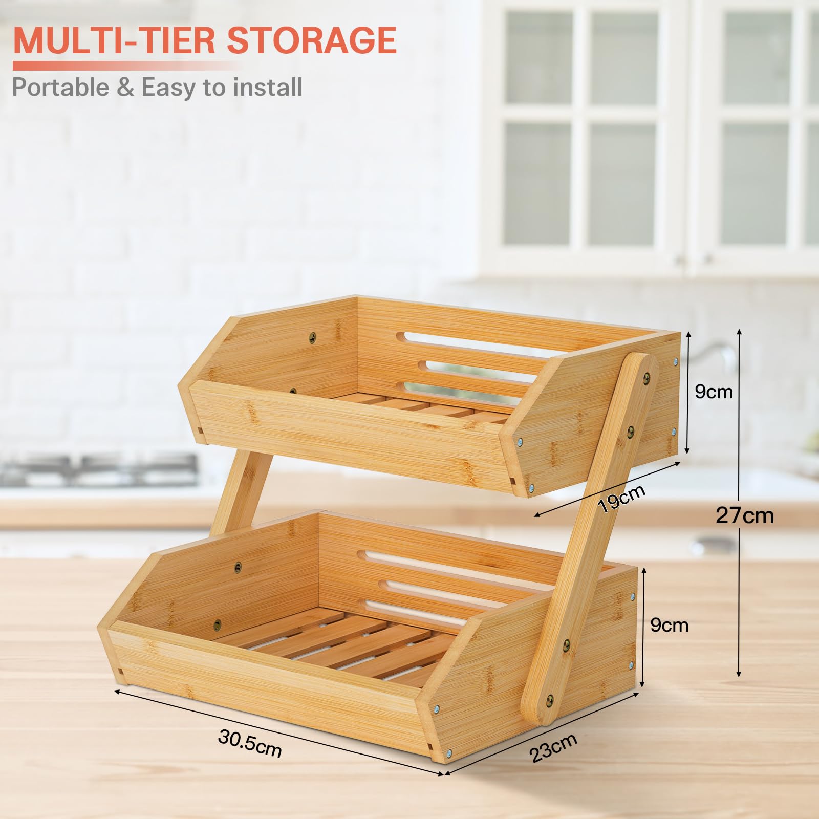 Premium 2-Tier Bamboo Fruit Basket - Large Kitchen Countertop Organizer for Fruits & Vegetables | 15mm Thick Natural Bamboo | Easy Self-Assembly | Perfect for Home Kitchen, Dining Room, or Fruit Shop Display