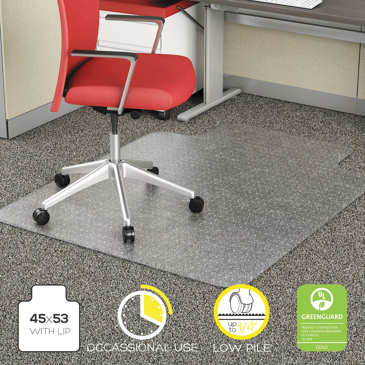 Alera® Clear Studded Chair Mat for Flat Pile Carpet - 45
