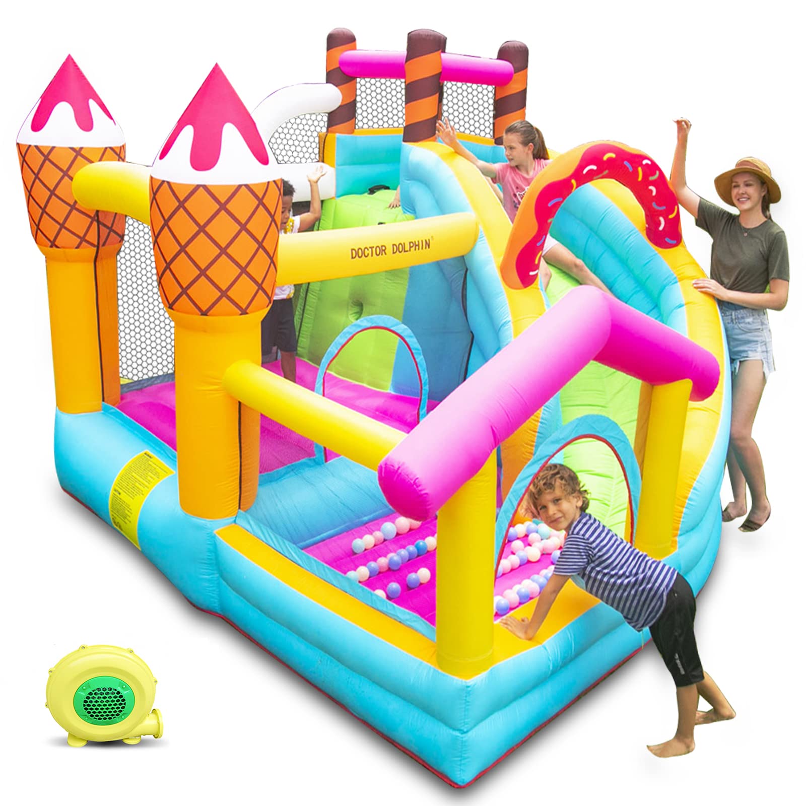 **Doctor Dolphin Inflatable Bounce House for Kids - Large Indoor/Outdoor Jumping Castle with Slide - 450W Blower Included - Perfect for Birthday Parties, Backyard Fun & Playtime Gifts**
