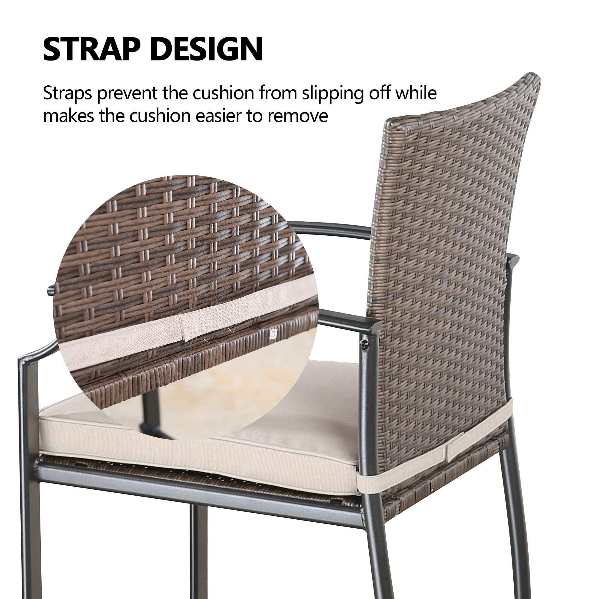 Ulax Furniture Set of 2 Outdoor Wicker Bar Stools - Metal Frame Patio Chairs with Armrests & 100% Olefin Cushions - Perfect for Backyard, Poolside & Outdoor Dining Areas