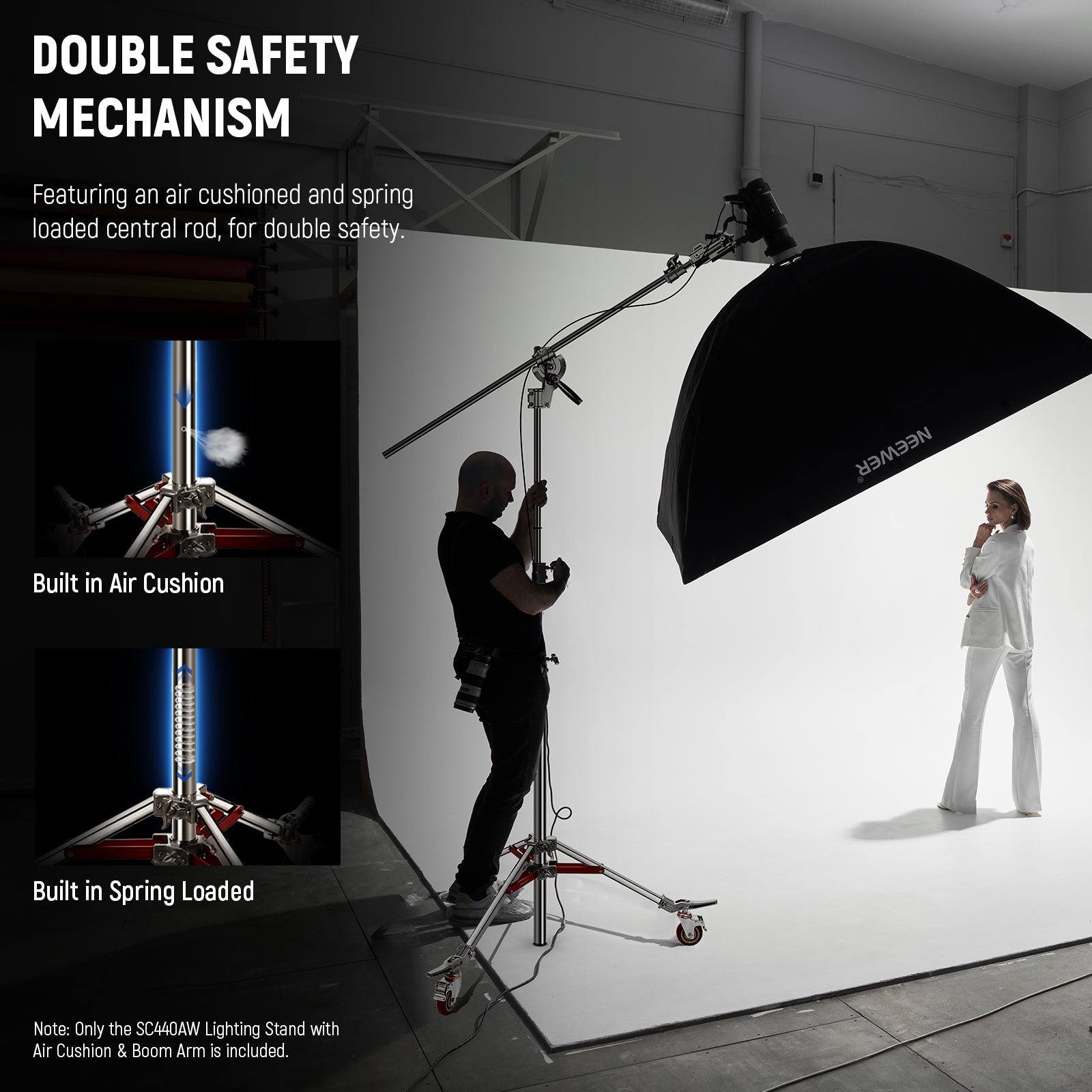 NEEWER SC440AW 440cm Heavy Duty Stainless Steel Air Cushioned Wheeled C Stand - Professional Photography, Video Lighting & Studio Equipment for Smooth Mobility