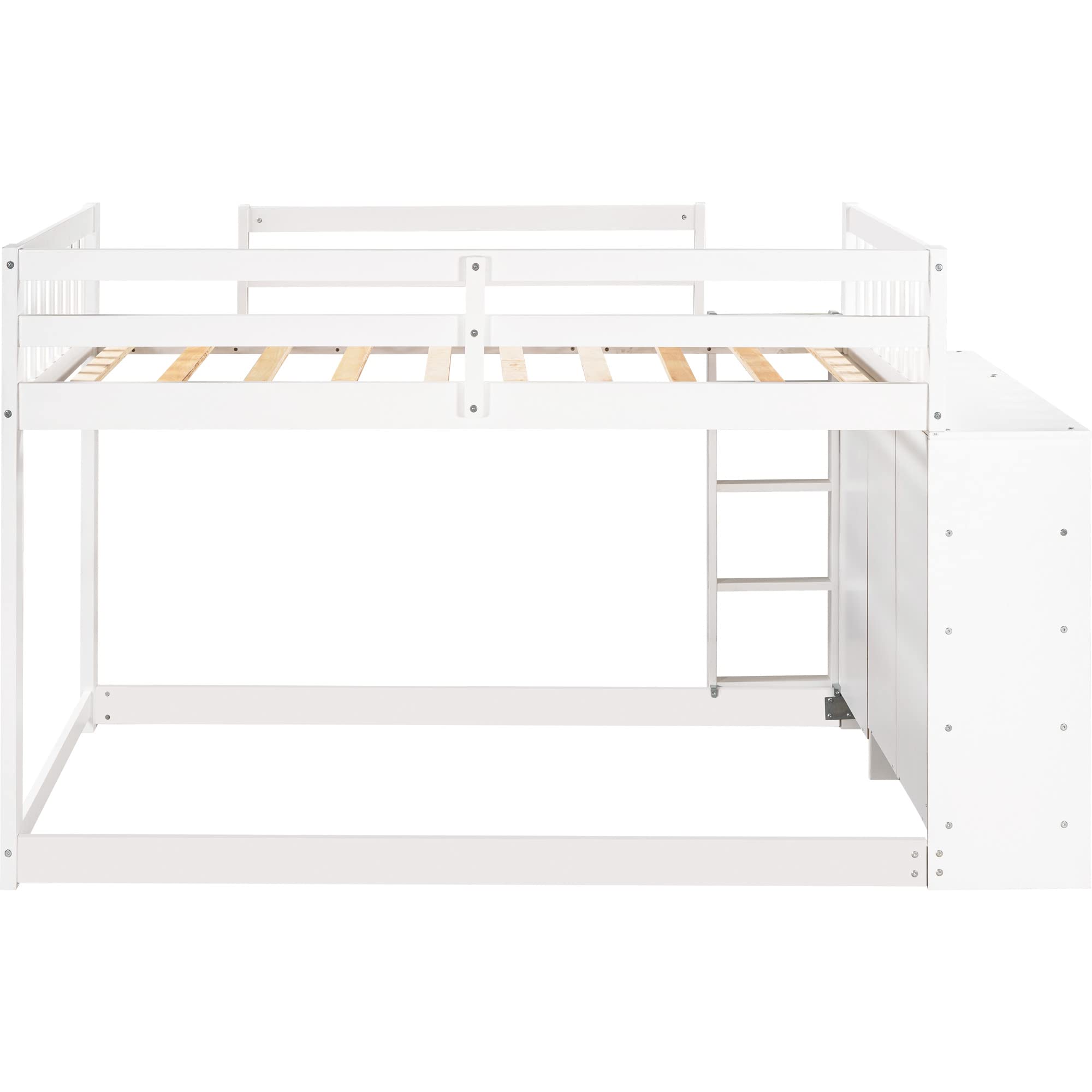 Twin Over Twin Solid Wood Bunk Bed with Storage Cabinet & Shelves - Low Loft Bed Frame with Ladder & Guardrails for Kids, Teens & Adults - Multi-Functional Space Saving Design (White) - Perfect for Small Bedrooms, Dorm Rooms & Guest Rooms