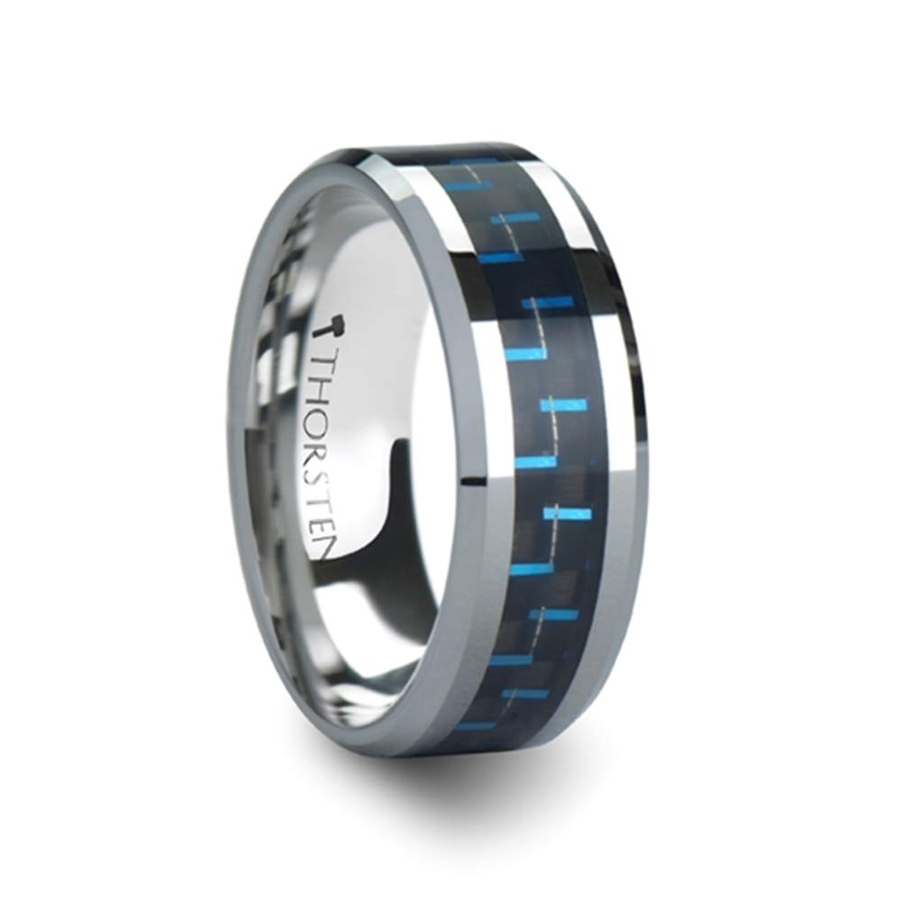 Men's Tungsten Carbide Wedding Band Ring - Black & Blue Carbon Fiber Inlay - 6mm 8mm 10mm Width Options - Durable Comfort Fit Mens Jewelry - Perfect for Engagement, Wedding, Anniversary Gifts & Everyday Wear