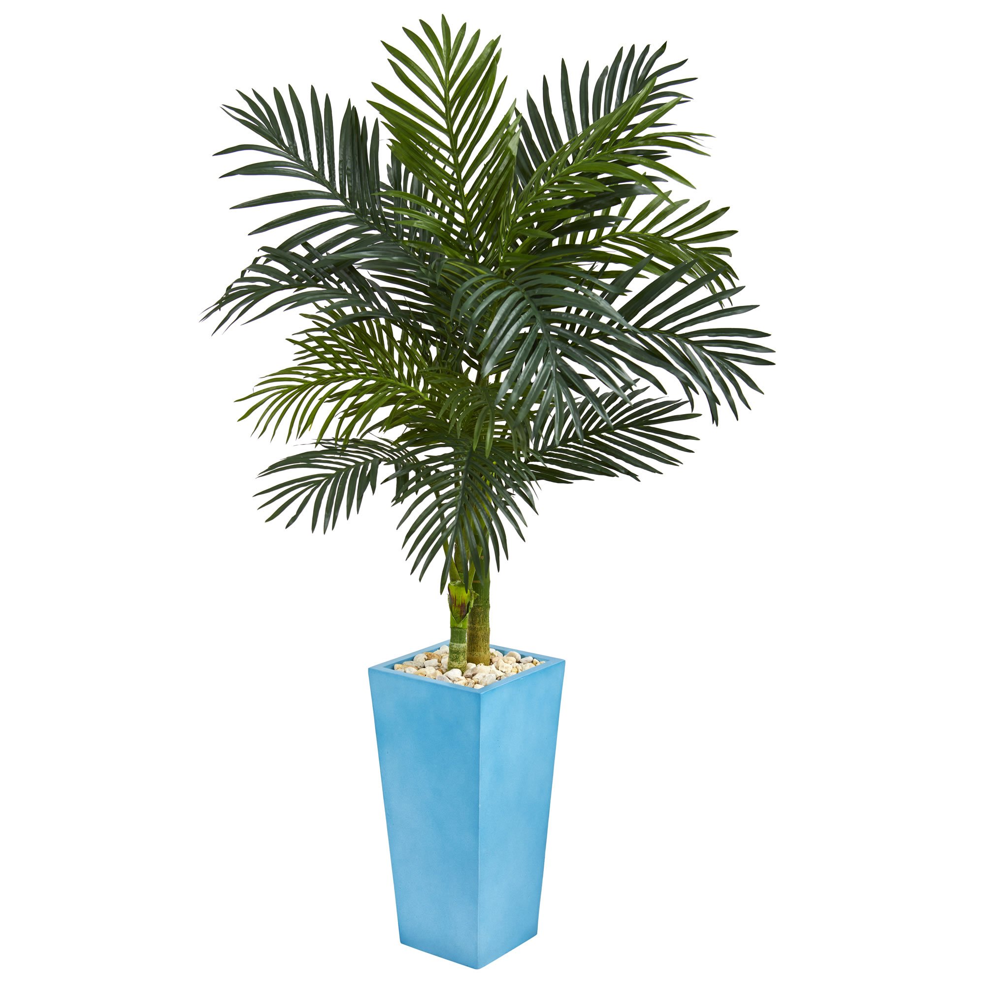 Nearly Natural 5ft Golden Cane Palm Artificial Tree in Turquoise Ceramic Tower Vase - Perfect for Home Office Decor, Living Room Centerpiece & Tropical Interior Design
