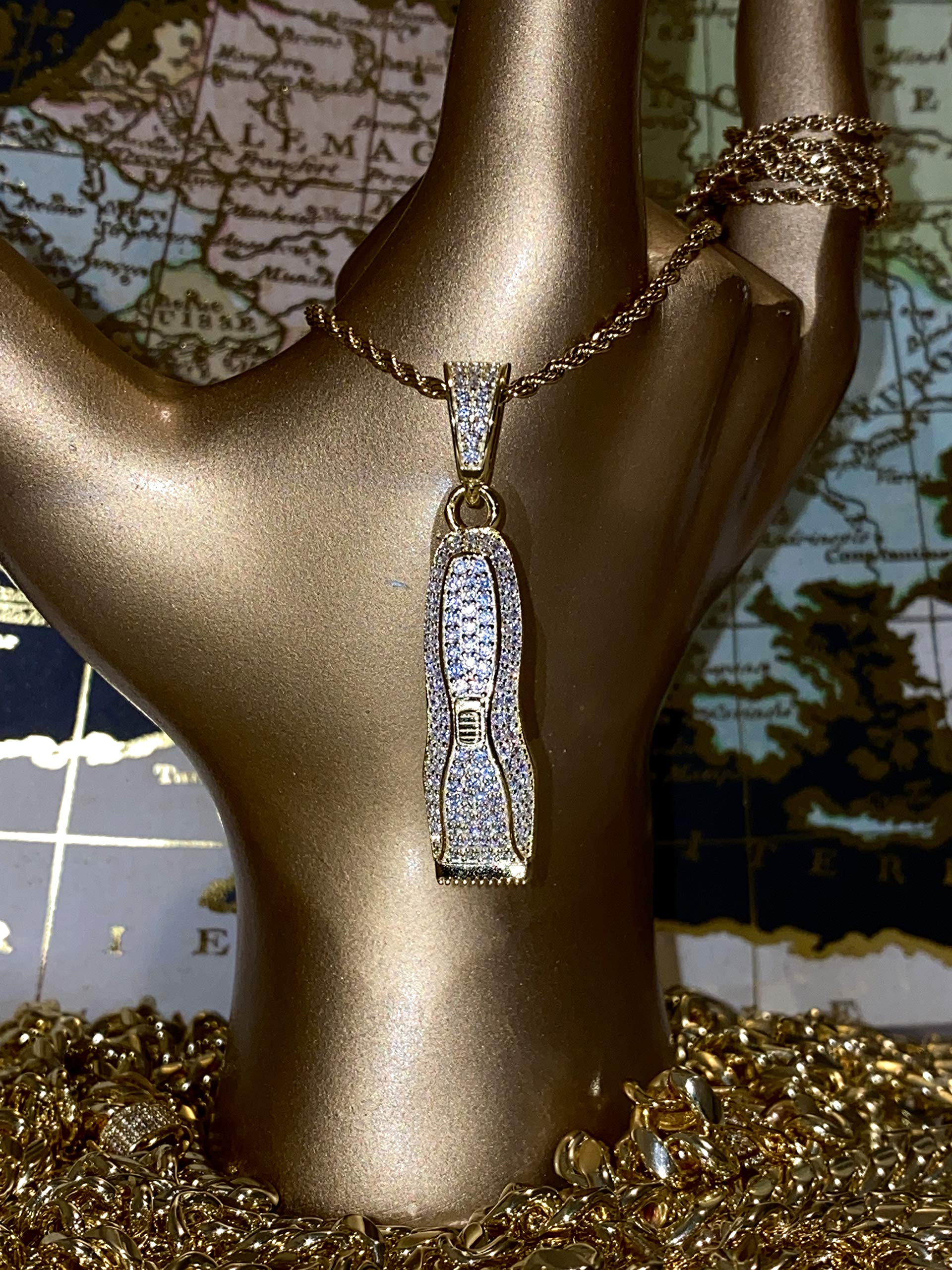 925 Sterling Silver Iced Barber Razor Charm Pendant with 2mm Stainless Steel Rope Chain Necklace for Men & Women - Italian Gold Finish, Hip Hop Jewelry, Perfect for Gifts, Parties, and Everyday Wear