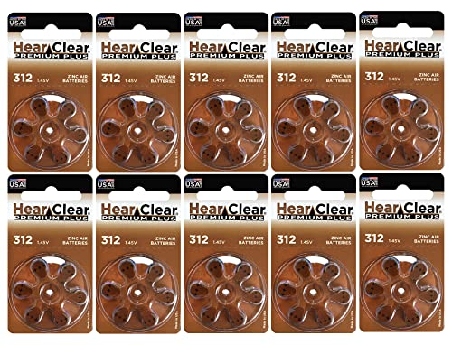HearClear Size 312 Hearing Aid Batteries - 60 Pack Brown Tab Zinc-Air Batteries for Hearing Devices | Long Lasting Power for Seniors & Adults | Ideal for Daily Use, Travel & Outdoor Activities