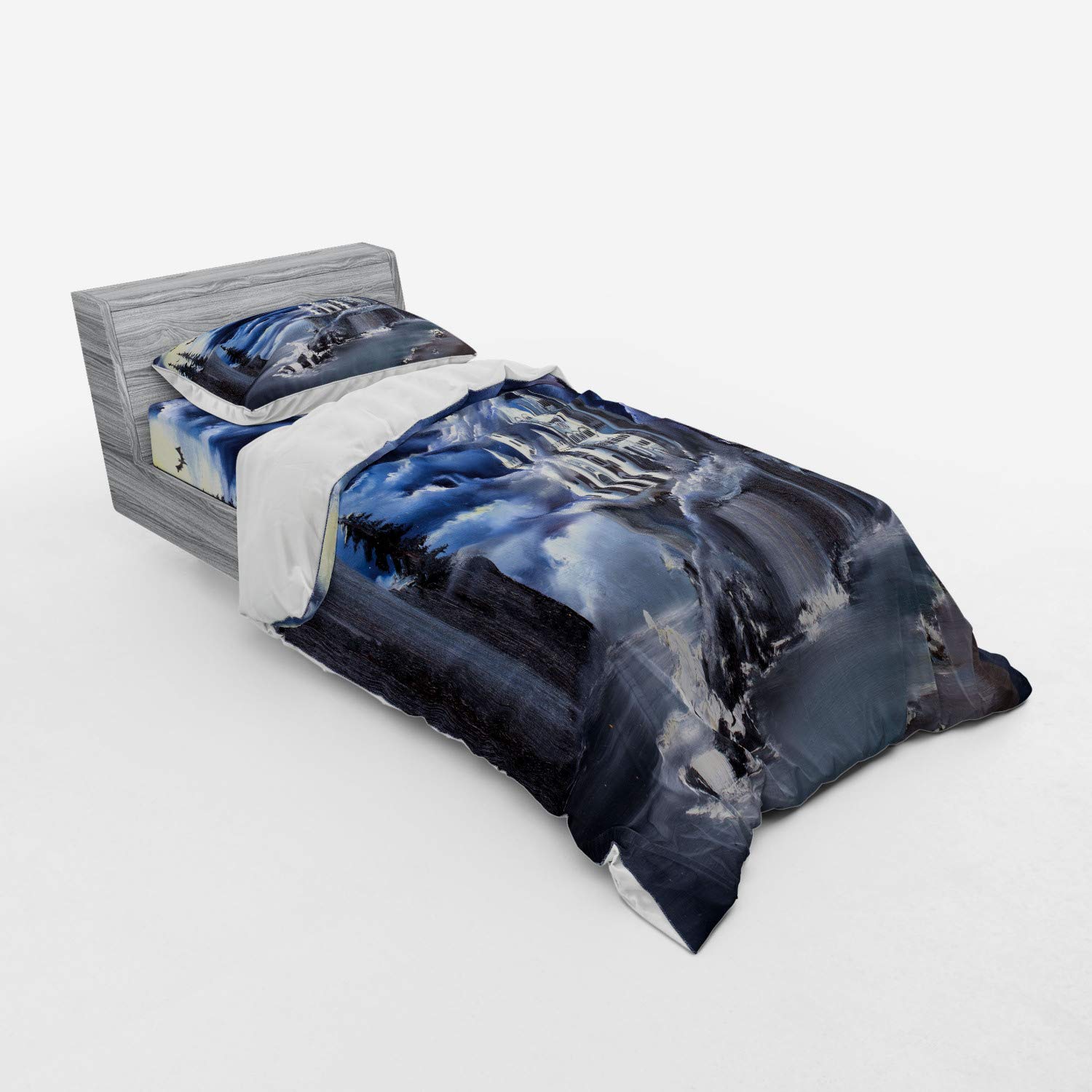 Ambesonne Fantasy Duvet Cover Set - Island Castle Full Moon Cloudy Sky Foggy Weather 3-Piece Bedding Set with Pillow Sham & Fitted Sheet, Twin XL Size, Dark Blue Grey White - Perfect for Gothic & Medieval Themed Bedrooms, Teen Rooms & Fantasy Decor
