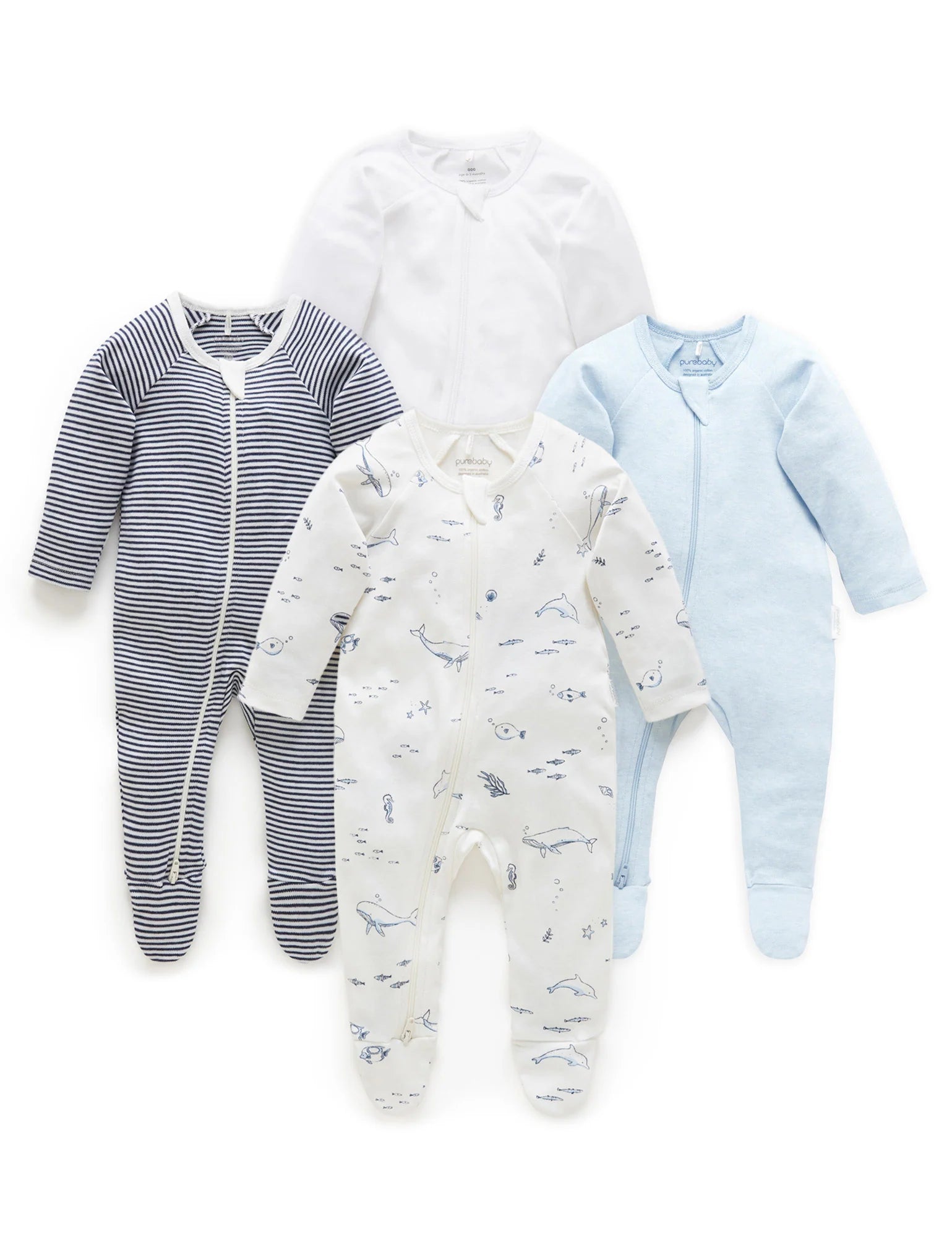 Purebaby Organic Zip Growsuit 4 Pack - Vanilla Nautical Print Baby Romper for Newborns & Infants | Soft Cotton Onesies for Daycare, Playtime & Sleepwear