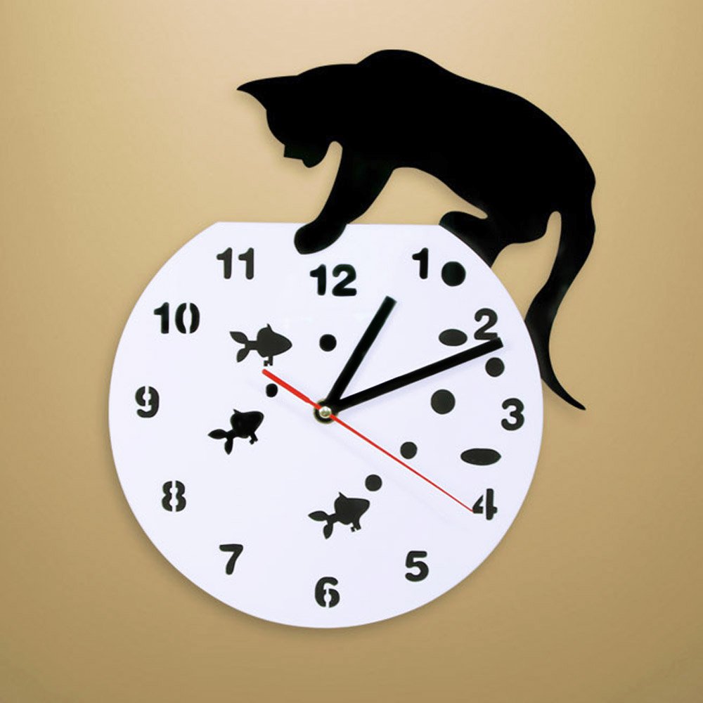 Adorable Cat on Fishbowl Wall Clock - Modern Art Decor for Cat Lovers, Unique Gift for Pet Owners | Perfect for Living Room, Bedroom & Office Decor