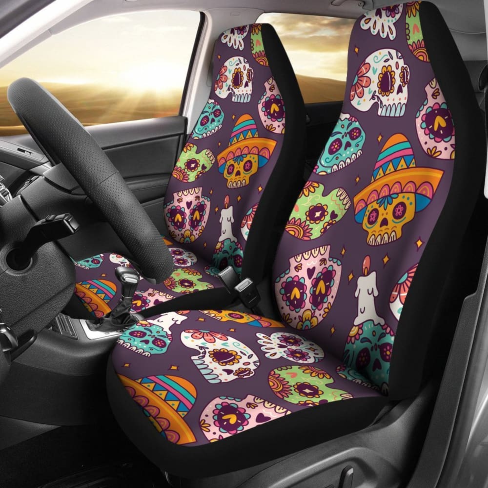 2 Pcs Sugar Skull Seat Covers for Car - Mexican Day of the Dead Design, Universal Fit for Most Vehicles - Perfect for Halloween, Dia de los Muertos & Car Decorations