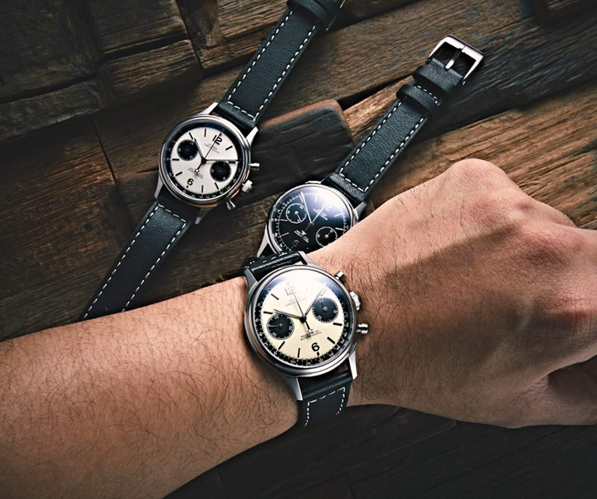 Sugess ST1901 Men's Mechanical Chronograph Watch - Hand Wind Movement, Panda Dial, 5ATM Waterproof, Sapphire Crystal, Military Pilot Style with Leather Strap - Perfect for Business, Casual Wear & Outdoor Adventures