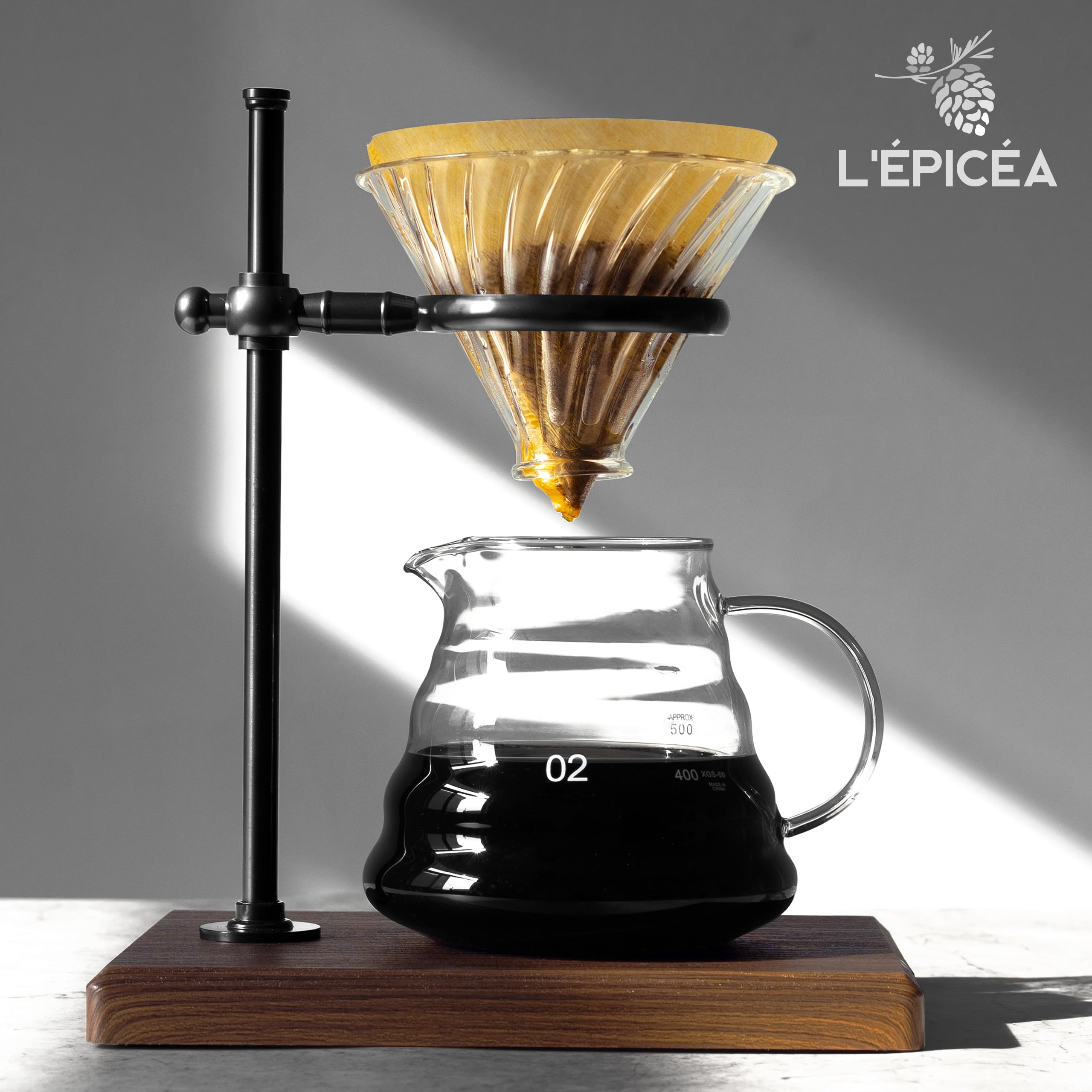 Premium Pour Over Coffee Maker Set - Stainless Steel Adjustable Stand with Wooden Base, Glass Carafe & Paper Filters | Ideal for Home Brewing, Office Use & Specialty Coffee Lovers