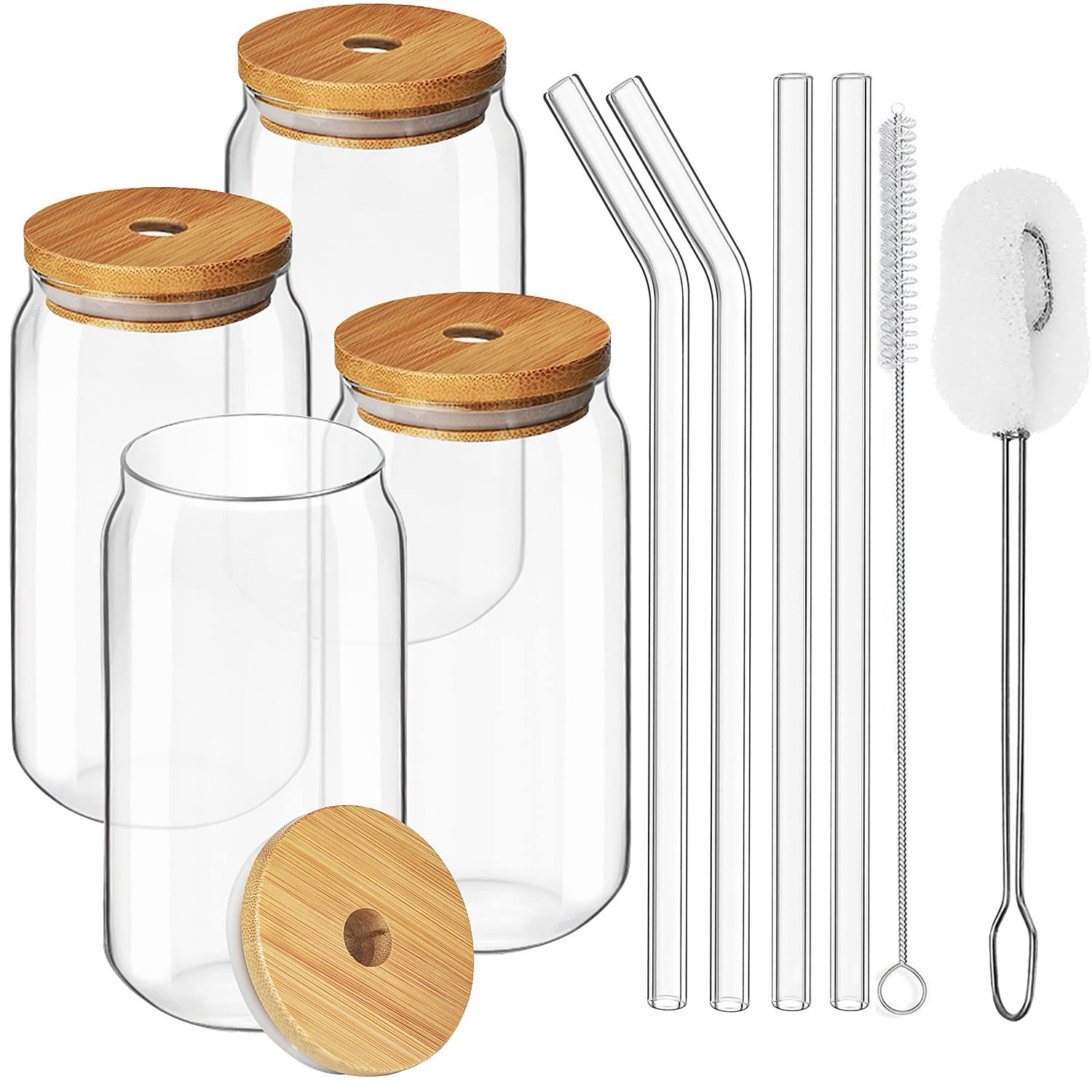 ALINK 20 oz Beer Can Glass Set with Bamboo Lids & Straws - 4 Pack Vintage Drinking Glasses for Iced Coffee, Tea, Cocktail, Whiskey & Water - Includes 2 Cleaning Brushes - Perfect for Home Bars, Parties & Outdoor Gatherings