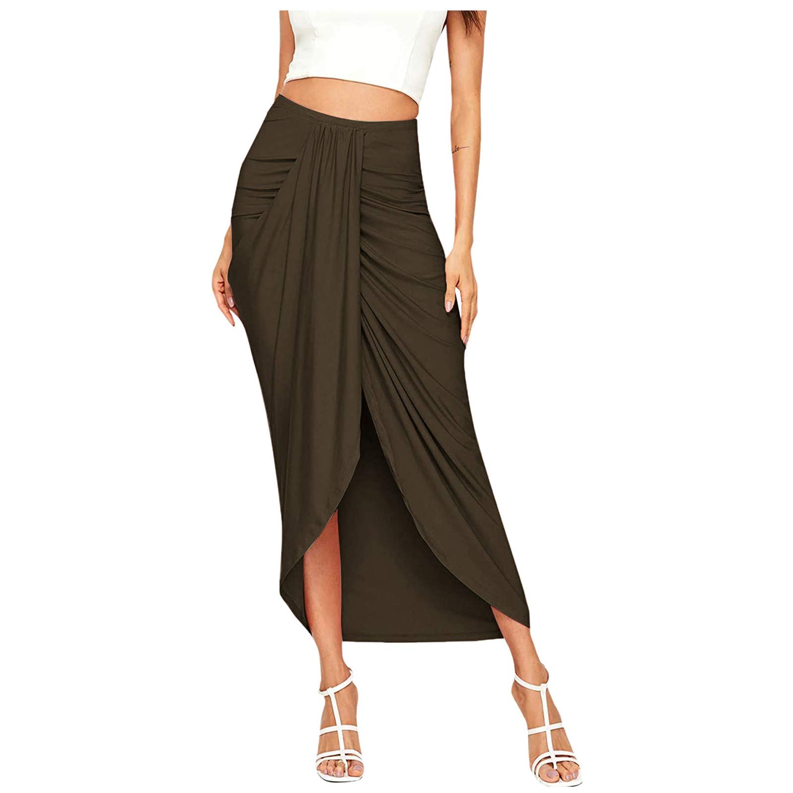 Women's Maxi Skirt - Draped Casual Wrap Waist Skirt with High Slit & Elastic Waistband, Asymmetrical Solid Coffee Color - Perfect for Summer Outfits, Beach Vacations and Boho Chic Style