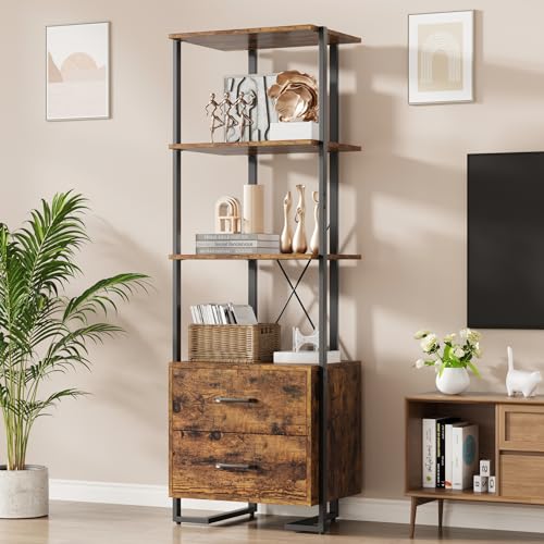 GARVEE 4 Tier Bookshelf with Storage Drawers - 70.9 Inch Tall Industrial Bookcase with Open Display Shelves & Metal Frame - Rustic Brown Book Shelf for Living Room, Bedroom, Office - Perfect for Organizing Books, Decor & Storage Needs