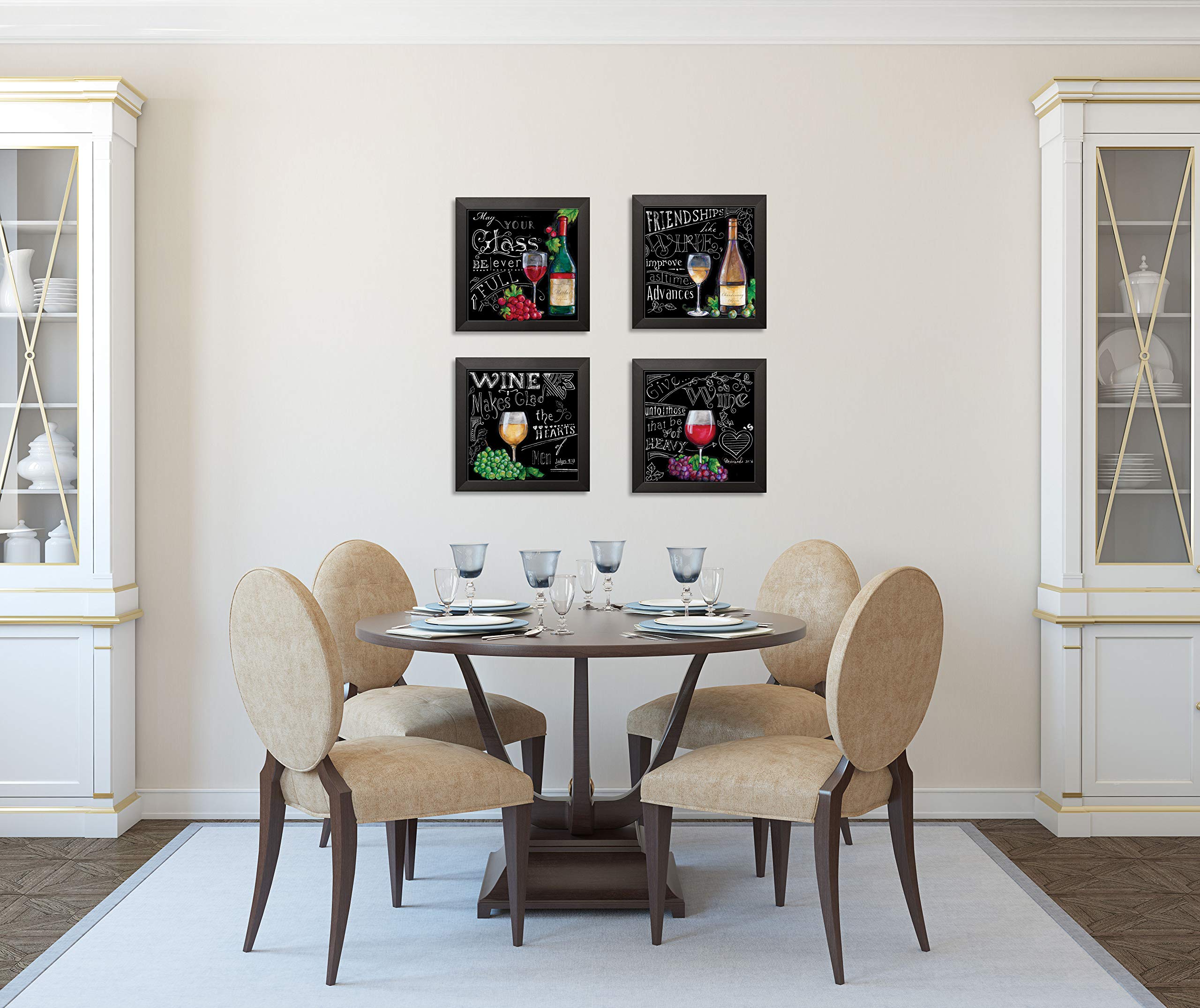 Chalkboard-Style Kitchen Wine Signs - Set of 4 Black Framed 12x12 Inch Prints - Ready to Hang Kitchen Décor - Perfect for Wine Cellars, Dining Rooms & Home Bars