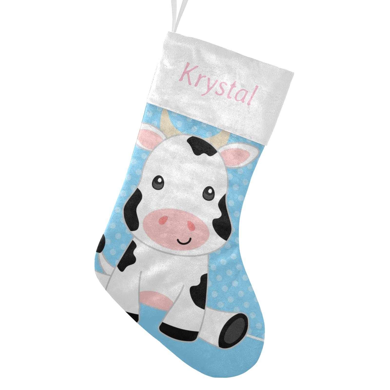 XIUCOO Personalized Christmas Stockings - Cute Wave Point Cow Design, Custom Name, 17.52 x 7.87 Inch - Perfect for Holiday Decor, Party Favors & Birthday Gifts
