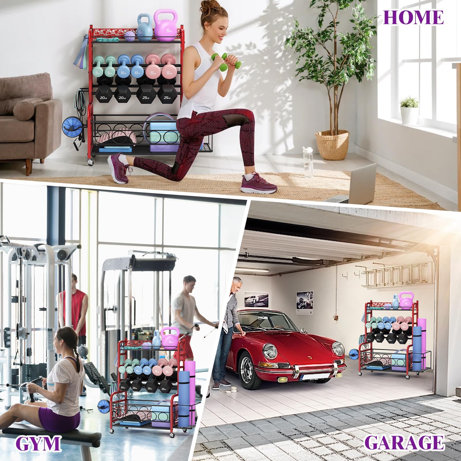 VOPEAK Adjustable Dumbbell Rack with Wheels - Heavy Duty Home Gym Storage Organizer for Dumbbells, Kettlebells & Yoga Mats - Perfect for Strength Training Equipment & Small Space Workout Areas - Ideal for Home Gym, Garage Fitness & Yoga Studio Organization