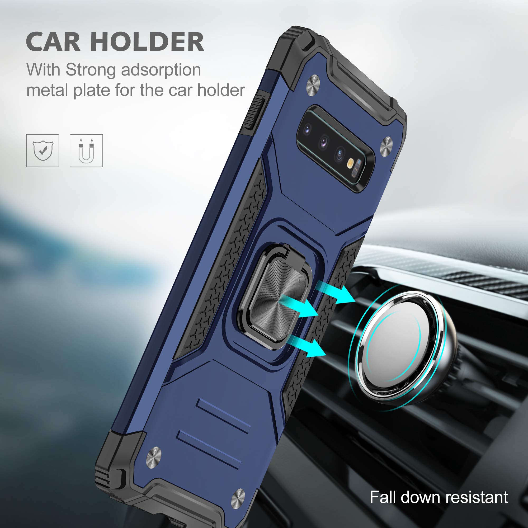 ASUWISH Samsung Galaxy S10 Plus Case with Tempered Glass Screen Protector & Ring Holder Stand - Shockproof Protective Cover for Galaxy S10+/10S/10 Plus (6.4 Inch) - Blue Phone Case for Men & Women - Perfect for Work, Travel and Everyday Use