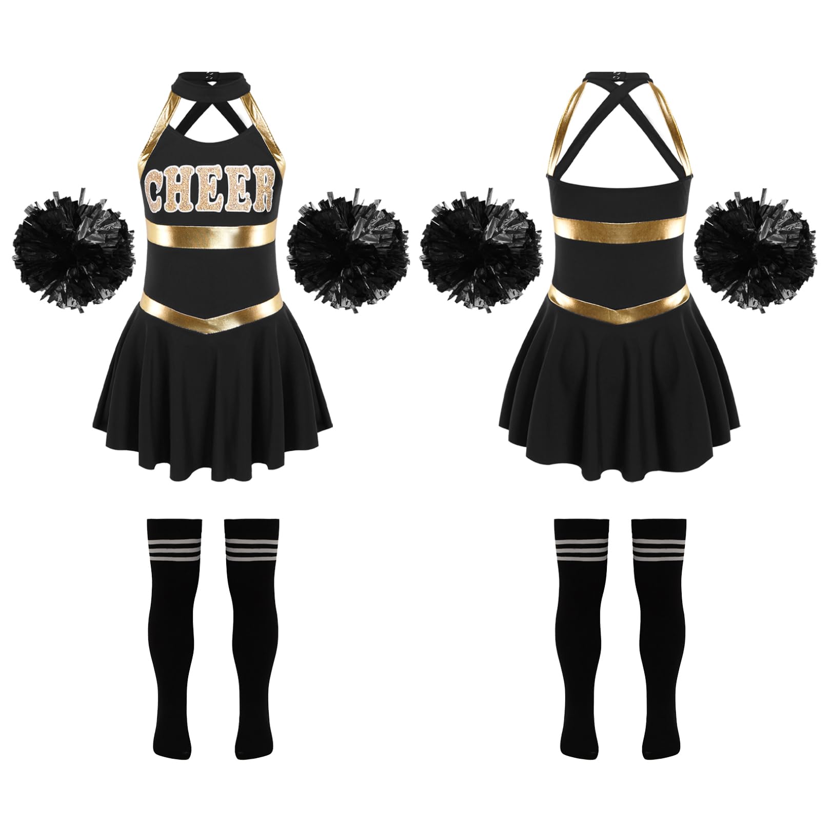 JEATHA Girls Halter Neck Dance Dress with Flower Ball Socks - Kids Dance Competition Costume for Ballet, Jazz & Performance - Perfect for Recitals, Shows & Special Occasions
