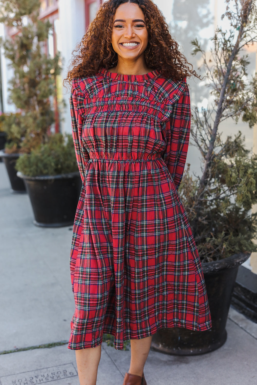 Hunter Red Plaid Check Woven Pocketed Dress for Women | Casual & Party Wear | Perfect for Fall, Winter & Holiday Outfits