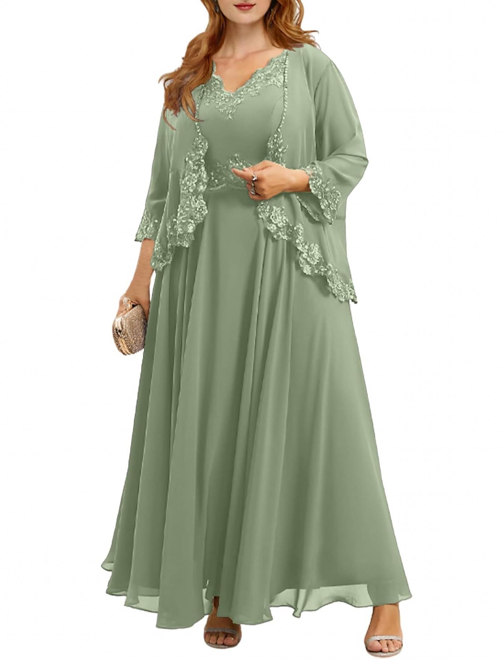 Elegant Plus Size Mother of The Bride Dresses 2-Piece Chiffon Ruffled Formal Gown with Jacket - Perfect for Weddings, Receptions & Special Occasions (YB40)