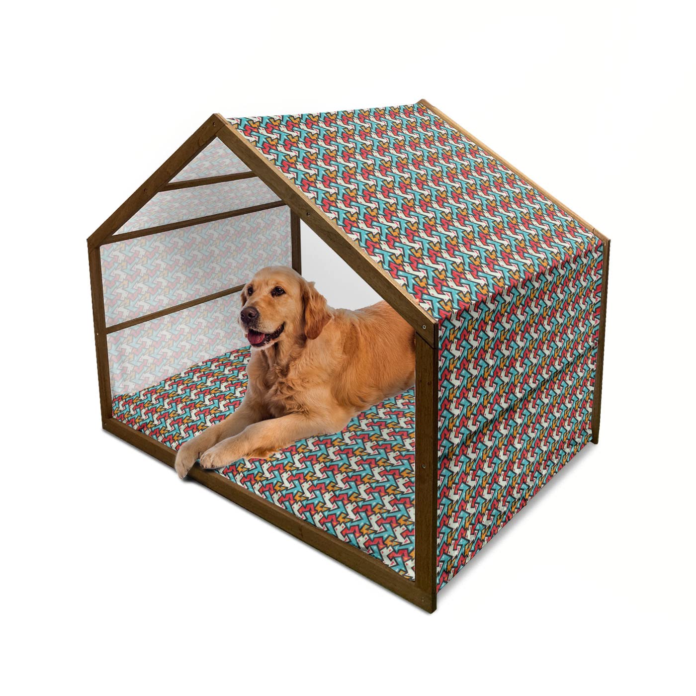 Ambesonne Abstract Wooden Dog House - Large Colorful Psychedelic Arrow Pattern Indoor/Outdoor Portable Pet Kennel with Pillow & Cover | Perfect for Backyard, Patio, or Home Decor | 2X-Large Multicolor Dog Bed