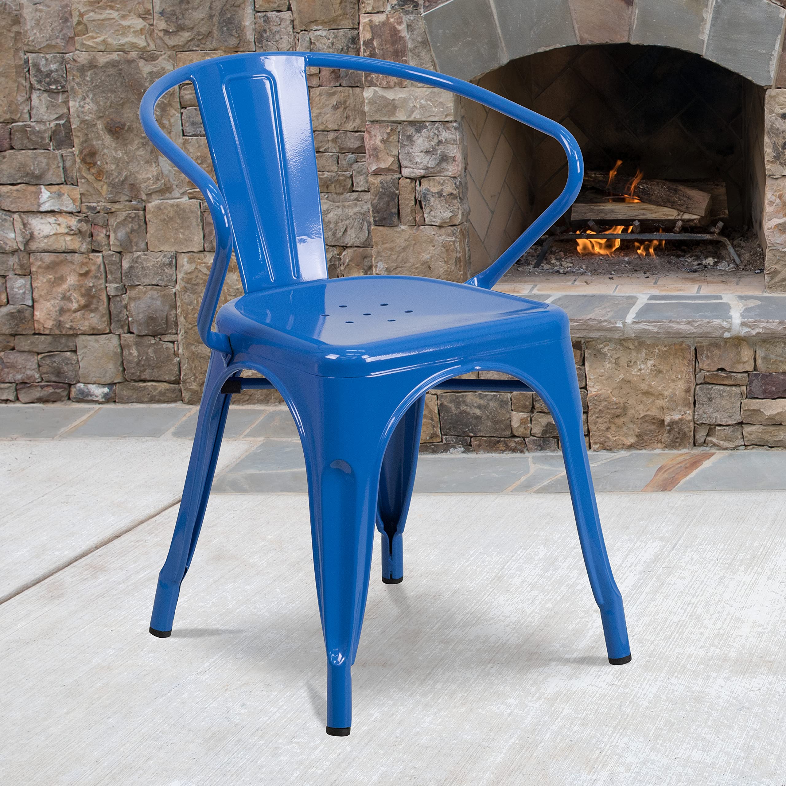 4 Pack Blue Metal Indoor-Outdoor Arm Chairs - Heavy Duty Bistro & Restaurant Chairs for Patio, Cafe, Dining Room & Outdoor Seating