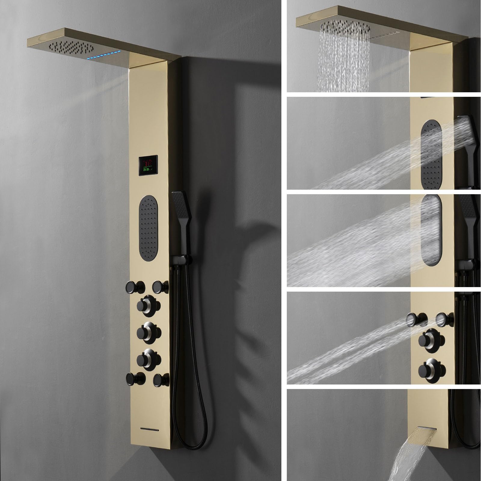 Gold Shower Tower System - Large Area Body Jet Massage Panel with Adjustable Jets, Temperature Display, Hand Shower & Tub Spout - Polished Gold Finish for Luxurious Bathroom Spa Experience (Ideal for Master Bath, Hotel Suites & Relaxation Therapy)