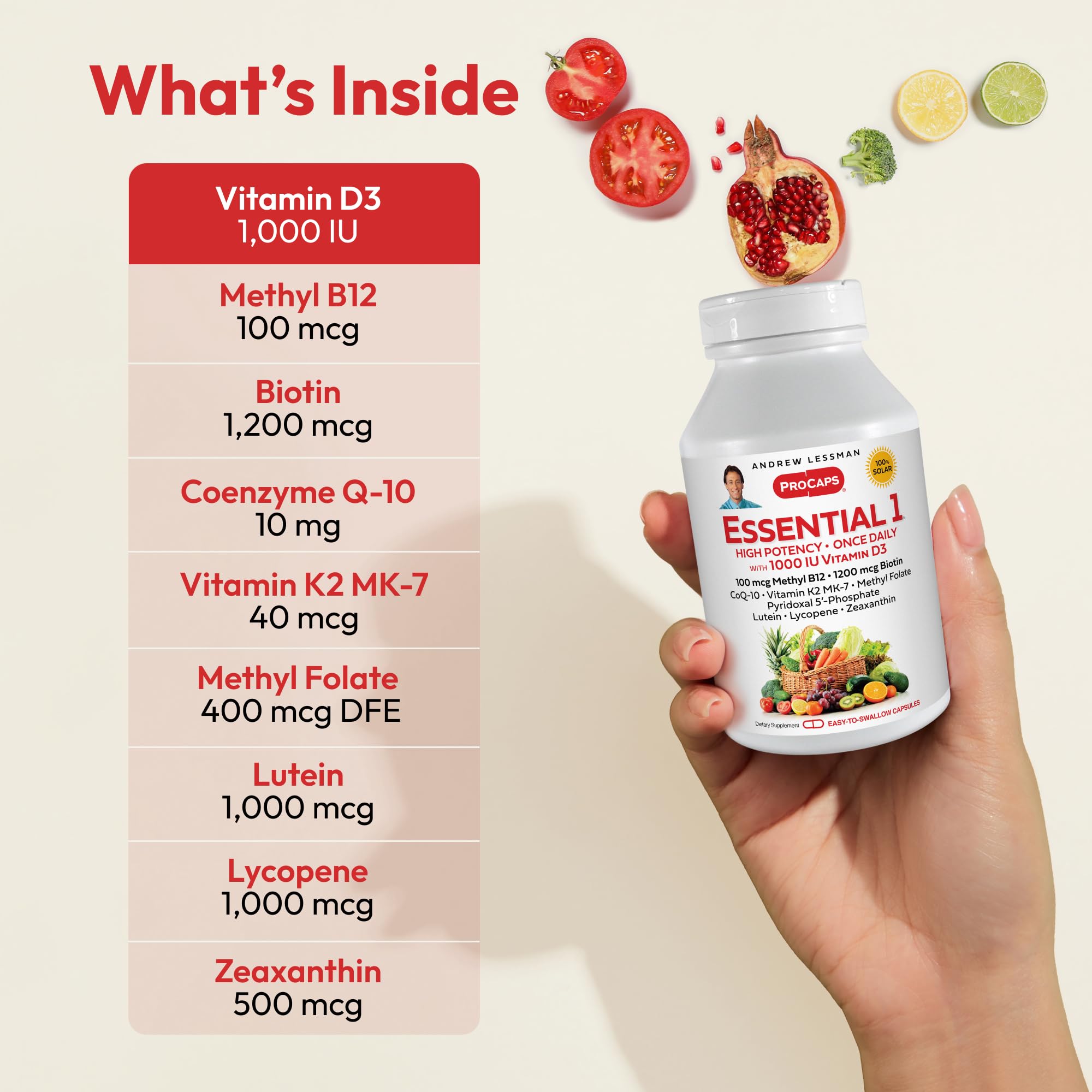 ANDREW LESSMAN Essential-1 Multivitamin with 1000 IU Vitamin D3, 360 Small Capsules - 100mcg Methyl B12, CoQ10, Lutein, Lycopene & Zeaxanthin | High Potency, No Additives, Ultra-Mild | One Daily Capsule for Immune Support & Eye Health | Perfect for Busy Adults & Active Lifestyles