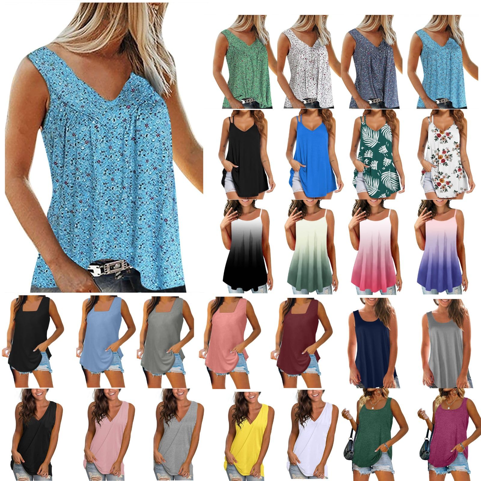 Plus Size Women's Summer Pleated Flowy Tank Top - Casual V Neck Sleeveless Solid Color T-Shirt for Beach, Yoga & Everyday Wear