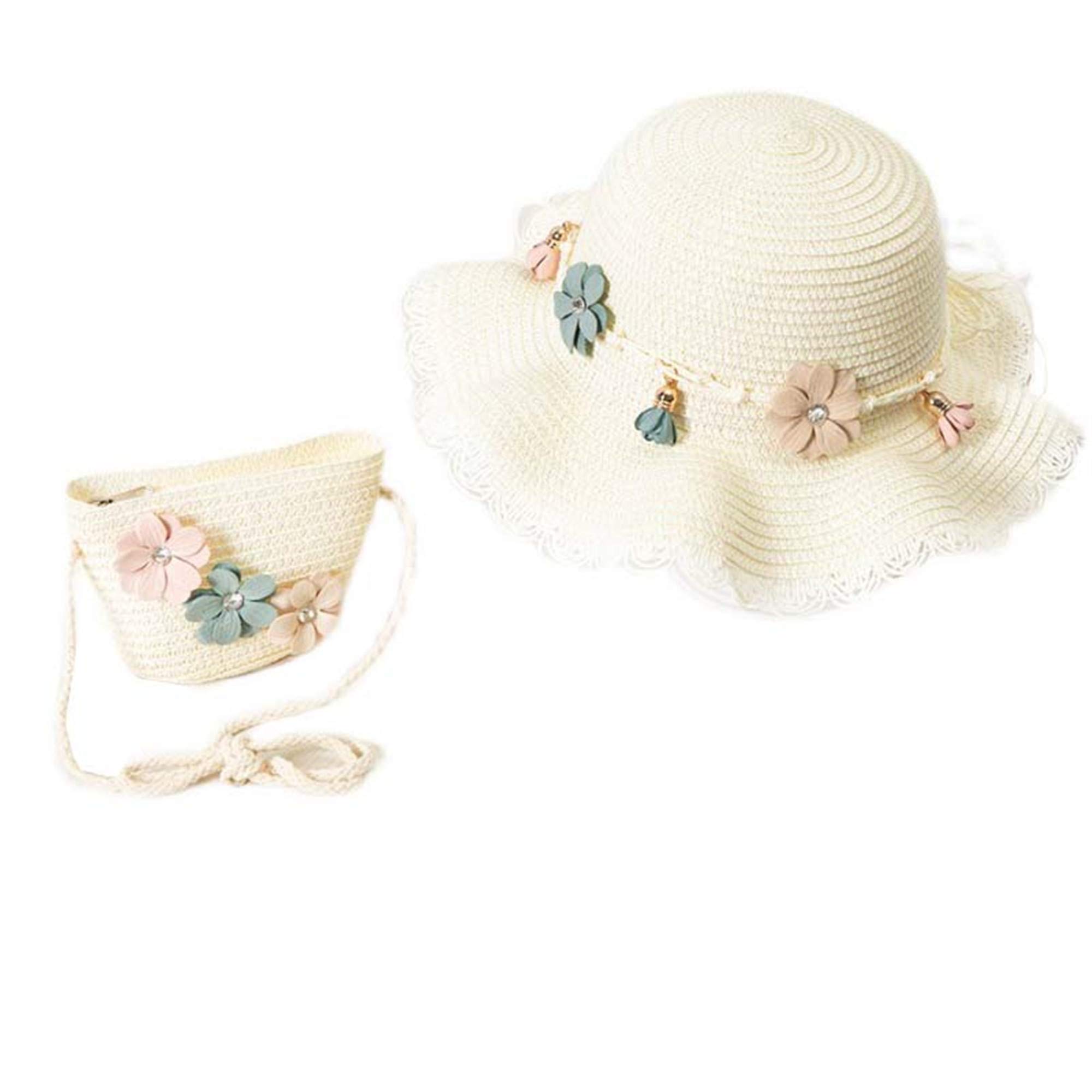 Baby Girls Sun Hat with Wide Brim - Straw Flower Beach Hat for Toddler & Infant - Cute Shoulder Bag Included - Perfect for Summer, Beach, Park & Outdoor Activities