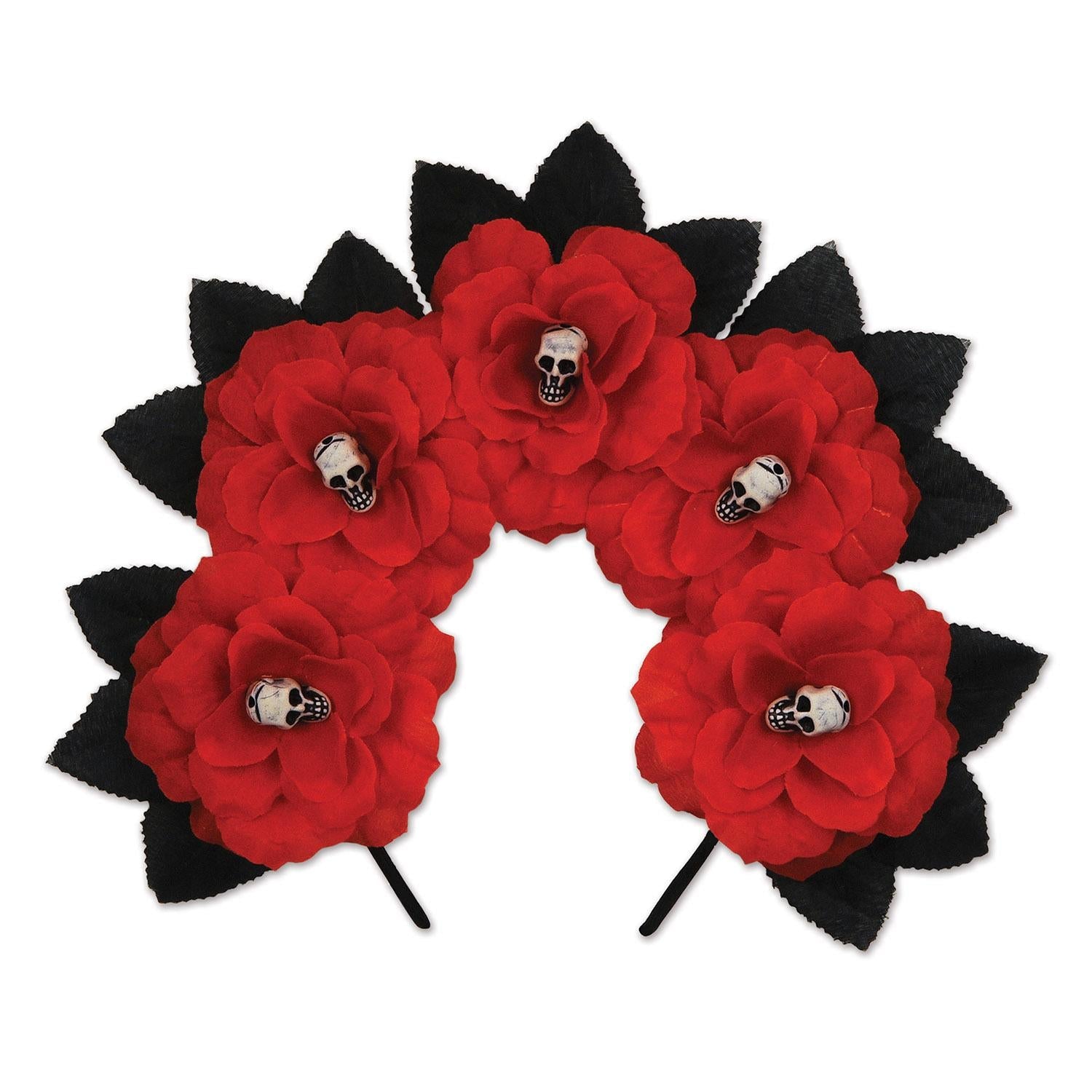 12 Pack Beistle Day of the Dead Red Floral Headbands - Mexican Sugar Skull Hair Accessories for Halloween, Dia de los Muertos Party & Costume Celebrations