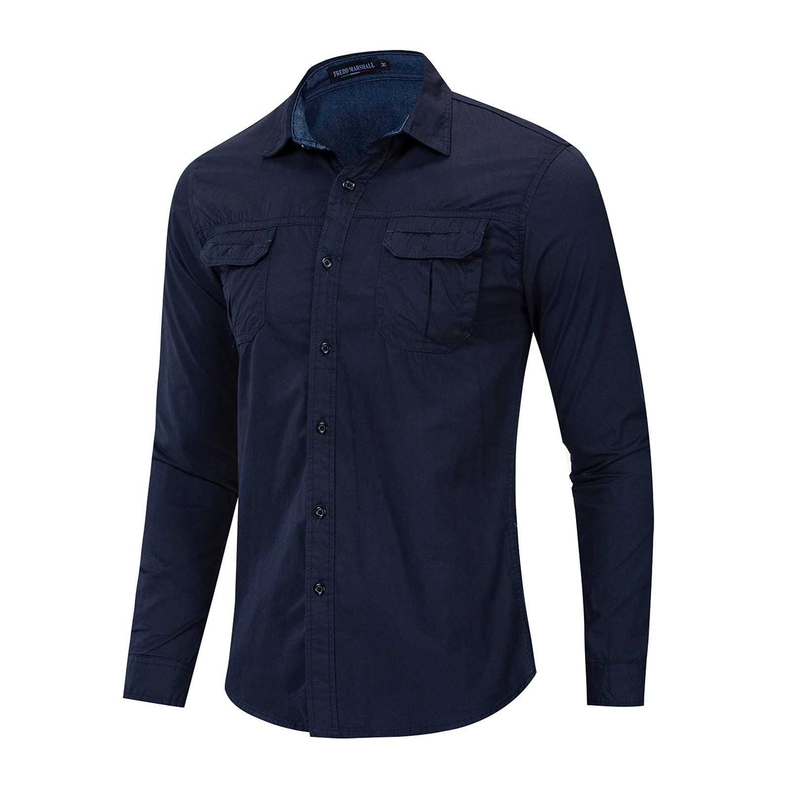 Men's Tactical Denim Work Shirt - Military Cargo Shirt with Pockets, Slim Fit Long Sleeve Button Down Blouse for Outdoor, Hiking & Casual Wear