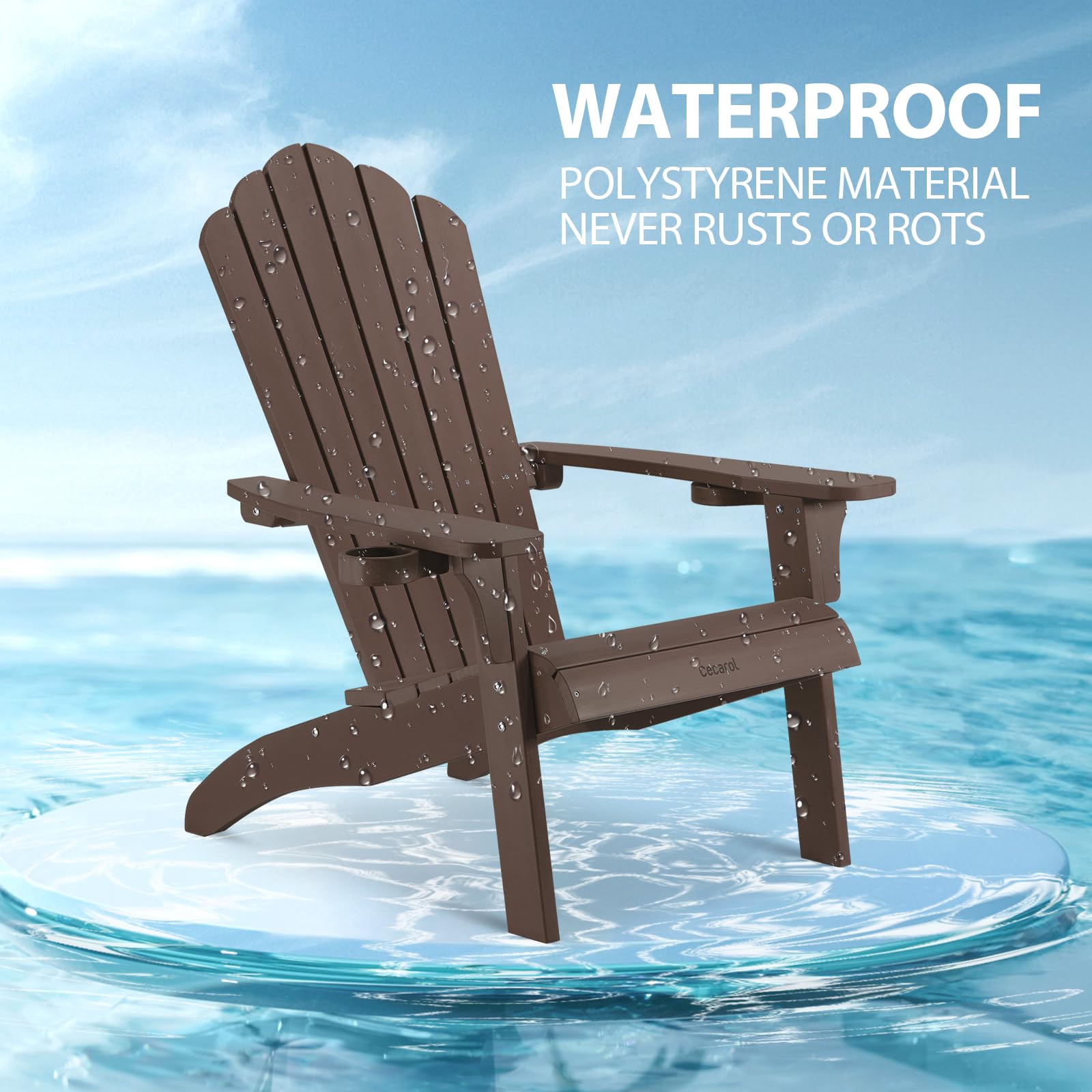 Premium Plastic Adirondack Chair with Cup Holder - Weather-Resistant Outdoor Patio Furniture for Garden, Porch, Lawn & Fire Pit Areas - Comfortable Seating for Relaxation (AC01S, Coffee Brown)