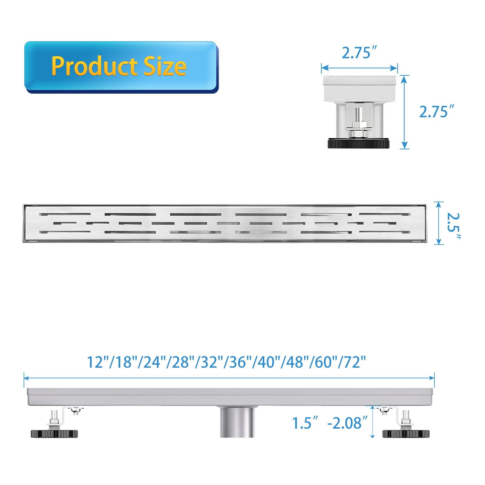 60 Inch Linear Shower Drain with Bar Pattern Grate - AISI 304 Stainless Steel Shower Drain with Hair Strainer & Leveling Feet - Perfect for Modern Bathroom Renovations and Walk-in Showers