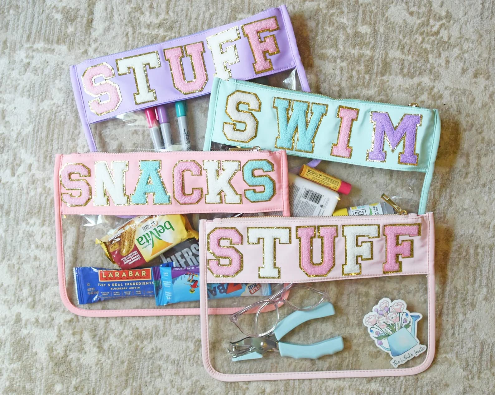 Personalized Clear Pouch with Varsity Patches - Travel Makeup & Snack Bag for School & Outings
