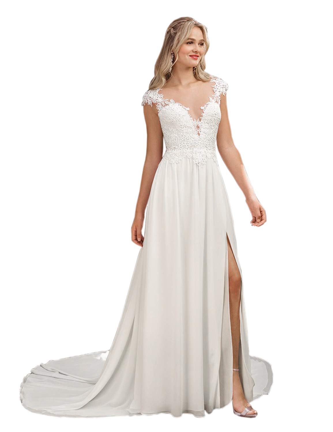 2020 Sweetheart Neckline Wedding Dress - Elegant Chiffon Lace Summer Bridal Gown with Train in White (Size 16) | Perfect for Beach Weddings, Garden Ceremonies & Romantic Vows