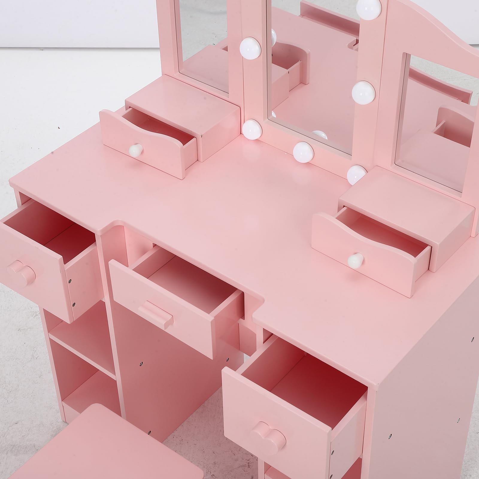 Pink Princess Vanity Table for Girls with Tri-Folding Mirror, Drawer & Storage Shelves - Kids Makeup Dressing Table Set with Chair - Perfect for Toddler Bedroom, Playroom & Birthday Gifts