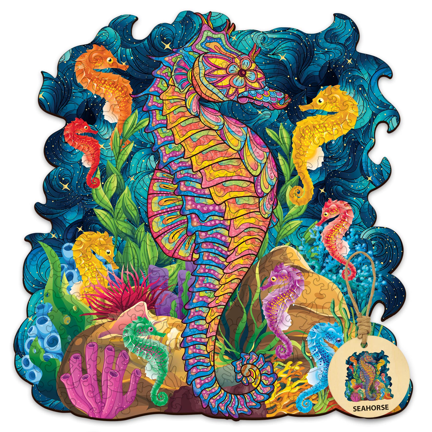 DEPLEE 515-Piece Seahorse Wooden Jigsaw Puzzle for Adults - Unique Animal Shaped Puzzle (19.48x18.9 inches) - Creative Challenge for Family & Friends - Perfect for Home Decor, Stress Relief & Brain Training