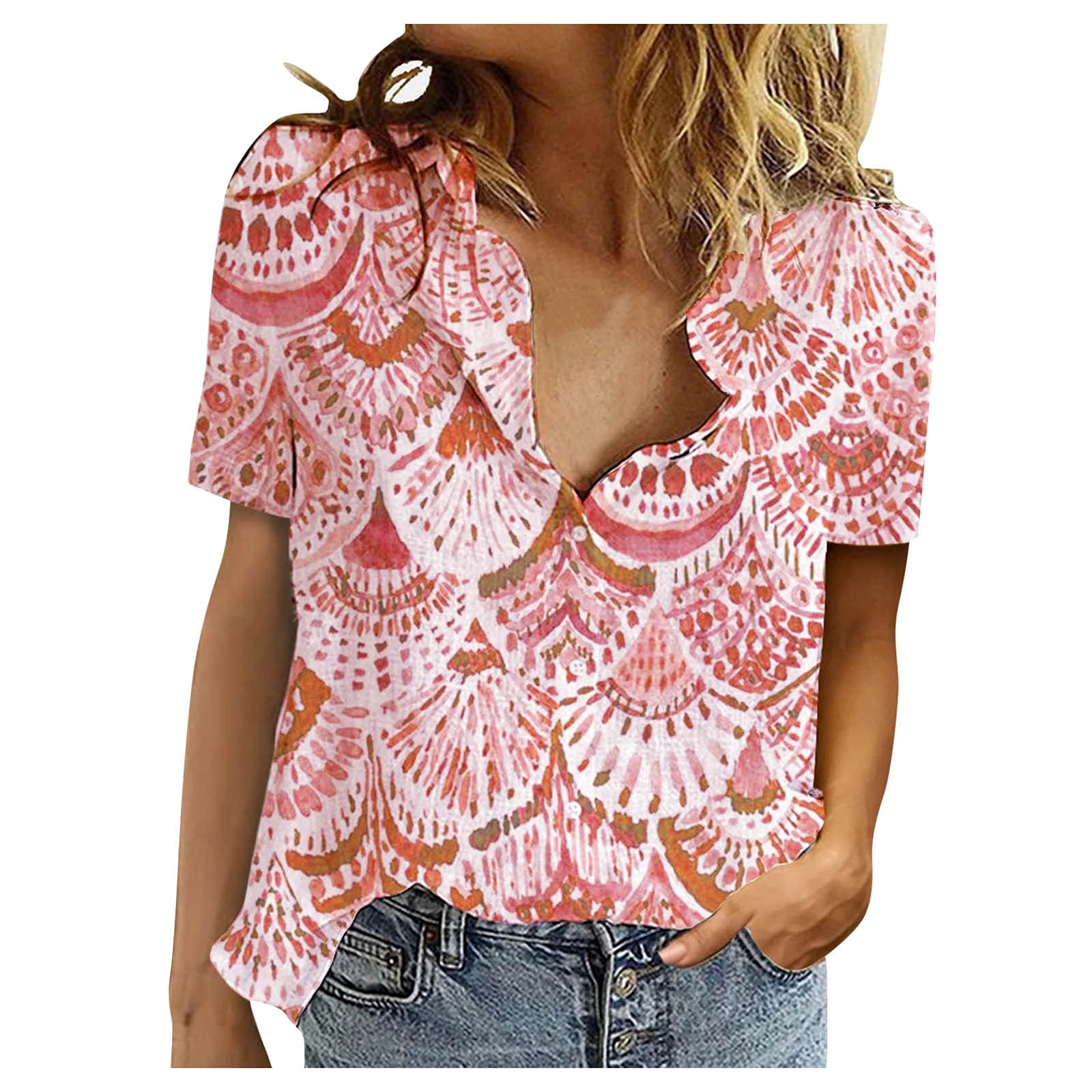 Women's Casual Short Sleeve V-Neck Button Down Blouse with Cuffed Sleeves - Perfect for Office Wear, Summer Outfits & Everyday Fashion