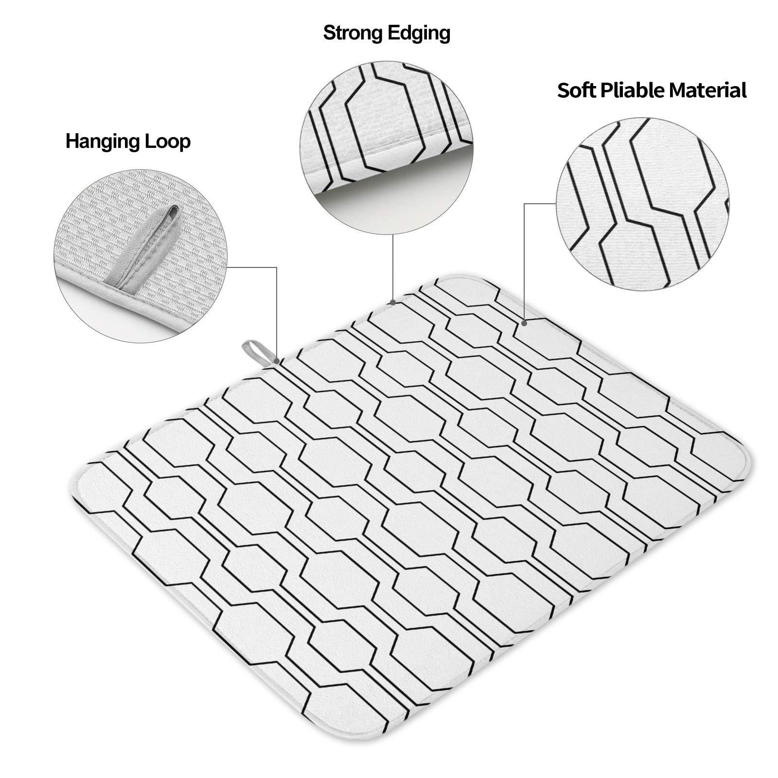 Mid Century Modern Dish Drying Mat - Absorbent Microfiber Kitchen Counter Mat (18x24in) | Quick-Drying, Machine Washable Dish Drainer Rack in Black & White | Perfect for Countertop Protection & Drying Dishes, Utensils & Cookware