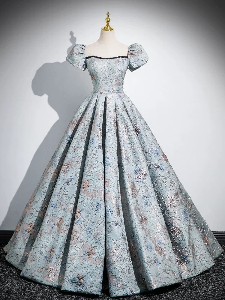 Elegant A-Line Puff Sleeves Satin Prom Dress in Gray-Blue | Long Evening Gown for Formal Events, Homecoming, Weddings & Special Occasions