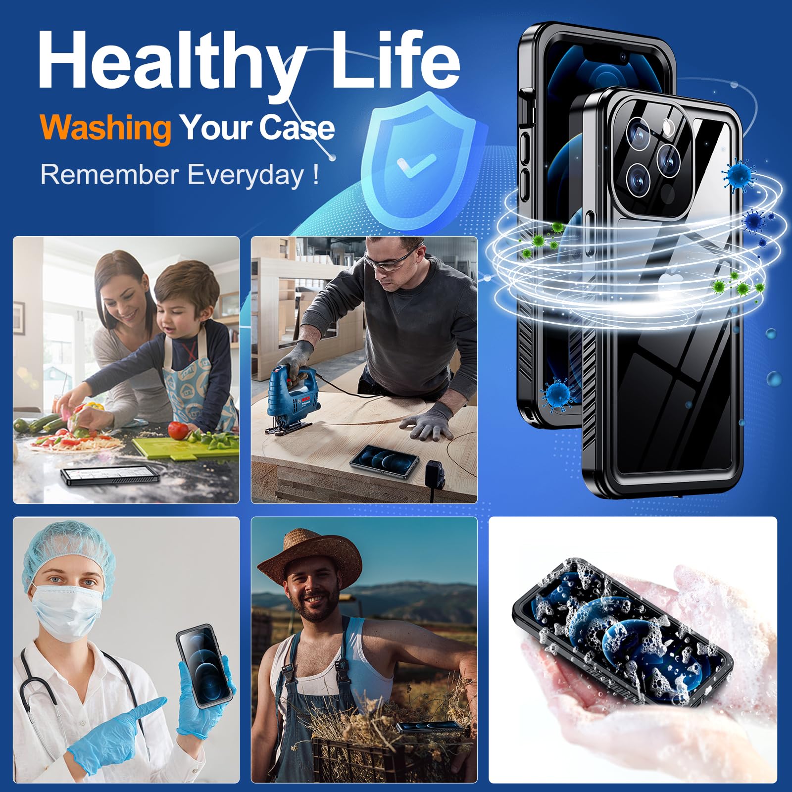 **Hualele Rugged iPhone 12 Pro Case (6.1 Inch) – Military-Grade Drop Protection (12FT), IP68 Waterproof, Full-Body Heavy Duty Protection – Black | Perfect for Outdoor Adventures, Construction Work & Extreme Sports**